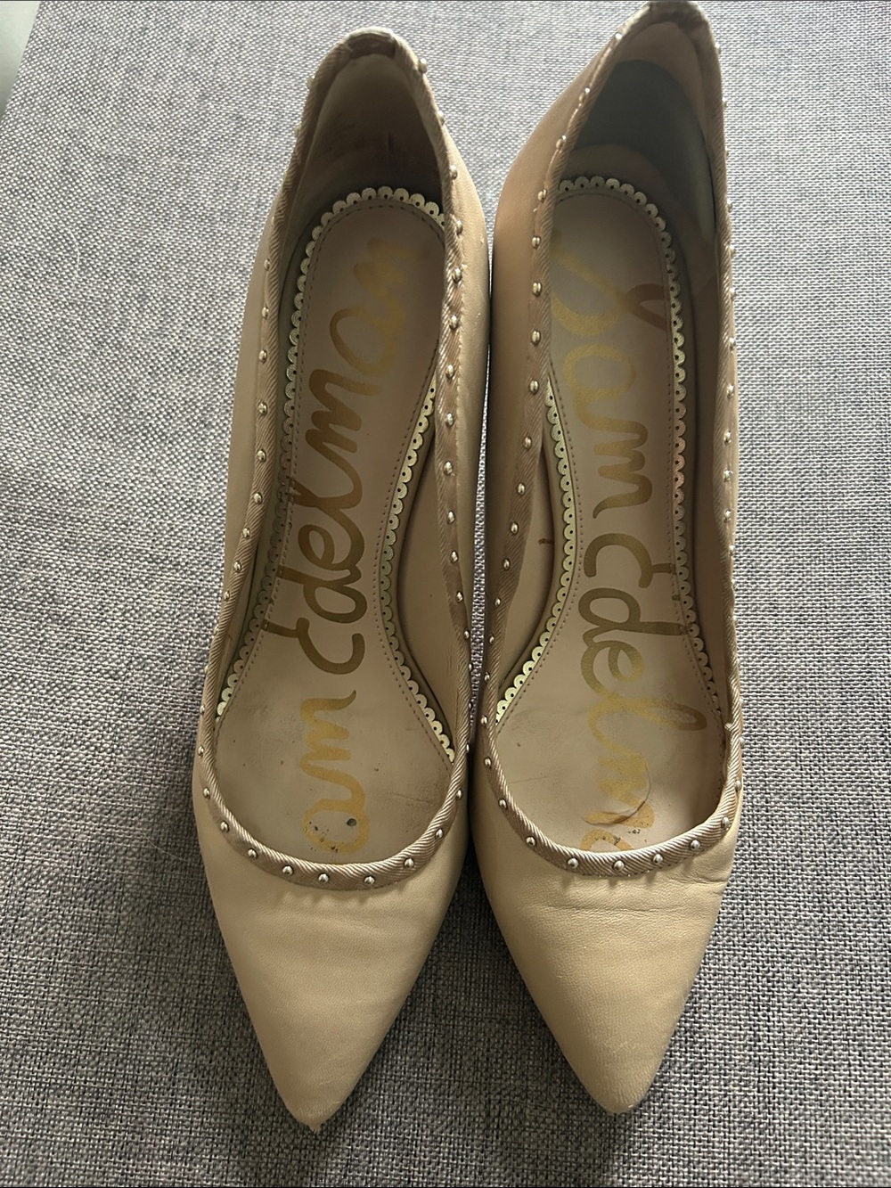 Sam Edelman Beige Pointed Leather Stud Heels